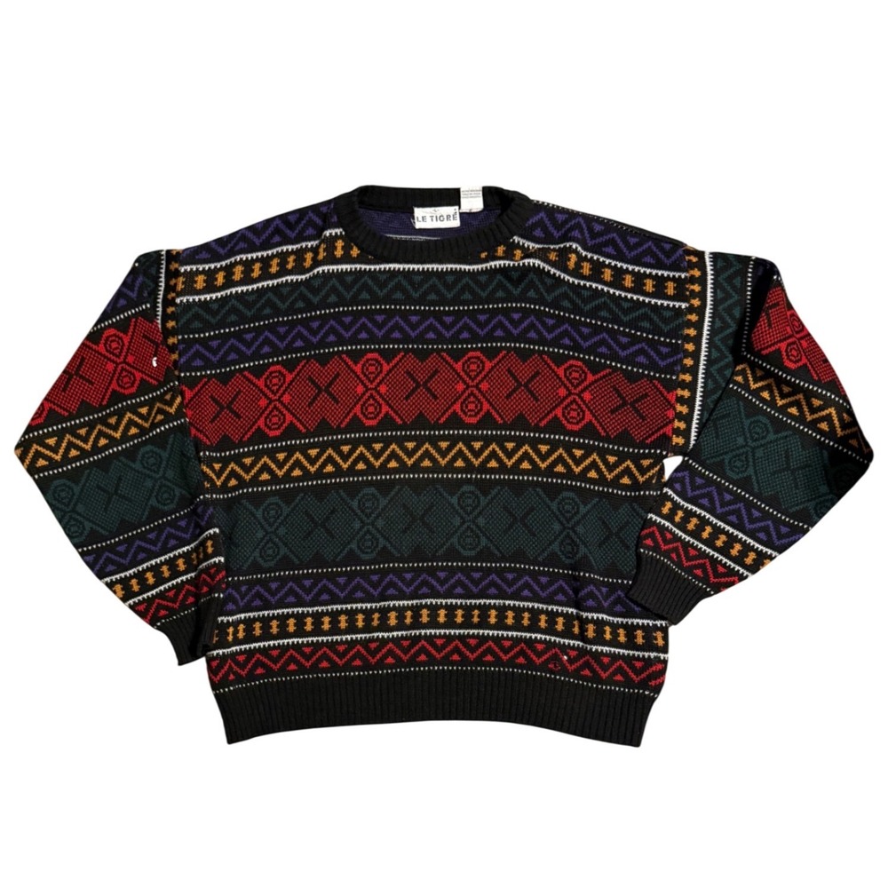 Vintage Le Tigre Large Geometric Fair Isle Knit Sweater Multi Color Retro